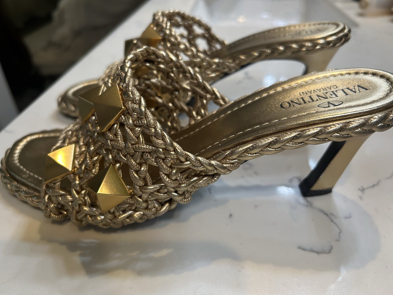 Valentino Garavani Gold Leather Woven Studded Open Toe Slip-On Mules 8