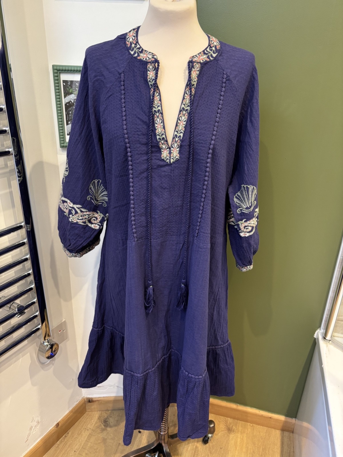 Accessorize Beach Holiday Indigo Blue Short Dress Shell Embroidery L UK 16-18