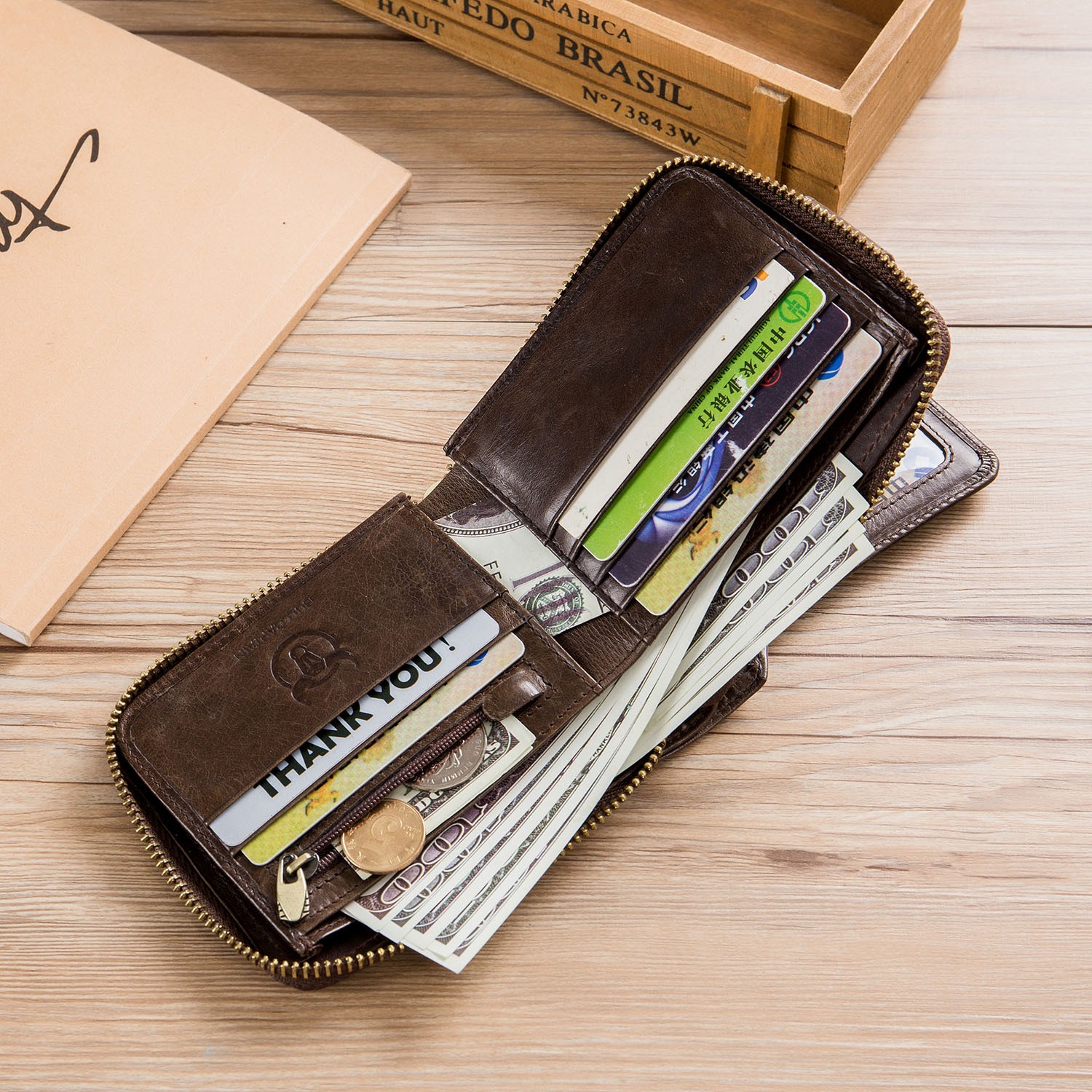 Retro Men Wallet Genuine Leather RFID Blocking Bifold with Zipper Coin Pocket