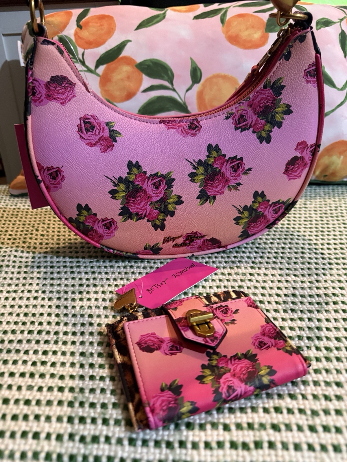 Betsey Johnson Pink Floral Crescent Shoulder Bag Zip Coin Purse