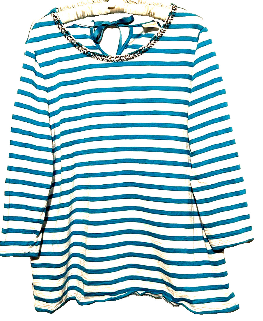 Chico’s Top 3 Turquoise and White Striped Beaded Neckline Soft Stretch Knit XL