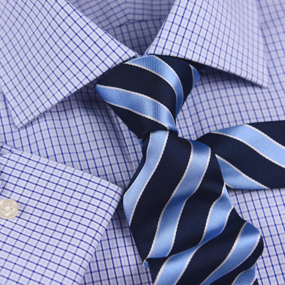 Light Blue Mens Formal Business Dress Shirt Plaids & Checks With Standard Cuff