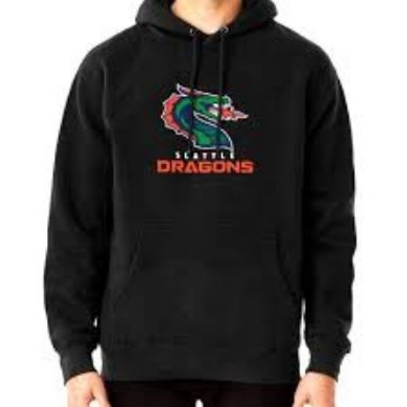 XFL Mens Seattle Dragons Print Pullover Hoodie Sweatshirt Size L Black