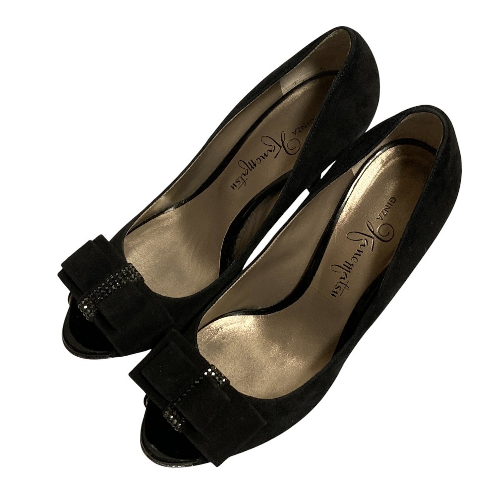 Ginza Kanematsu Suede Ribbon Open-Toe Pumps, Size 9.3, Black Women USED