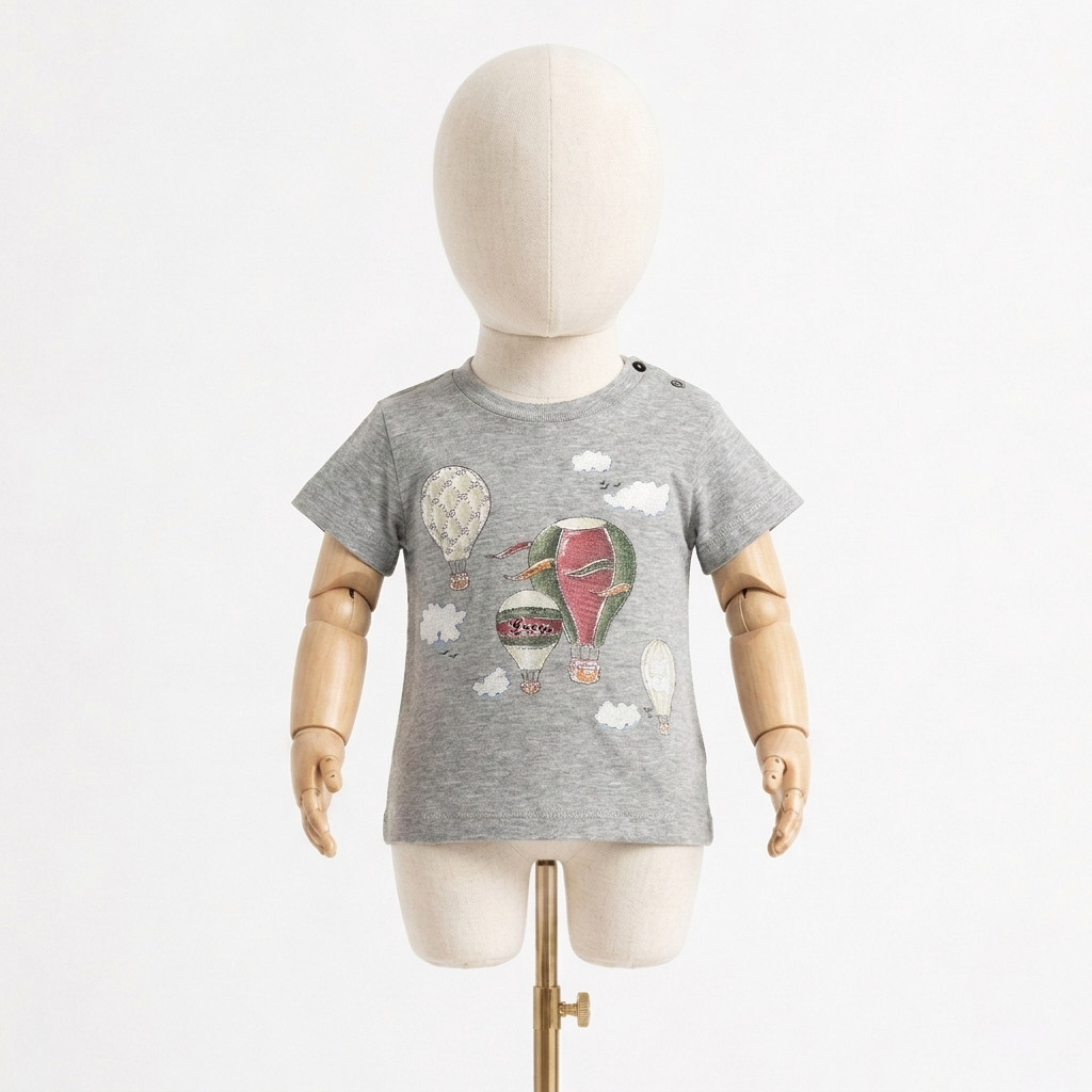 Baby Gucci Gray Short Sleeve Hot Air Balloon Print T Shirt Kids GG Italy 6/9M