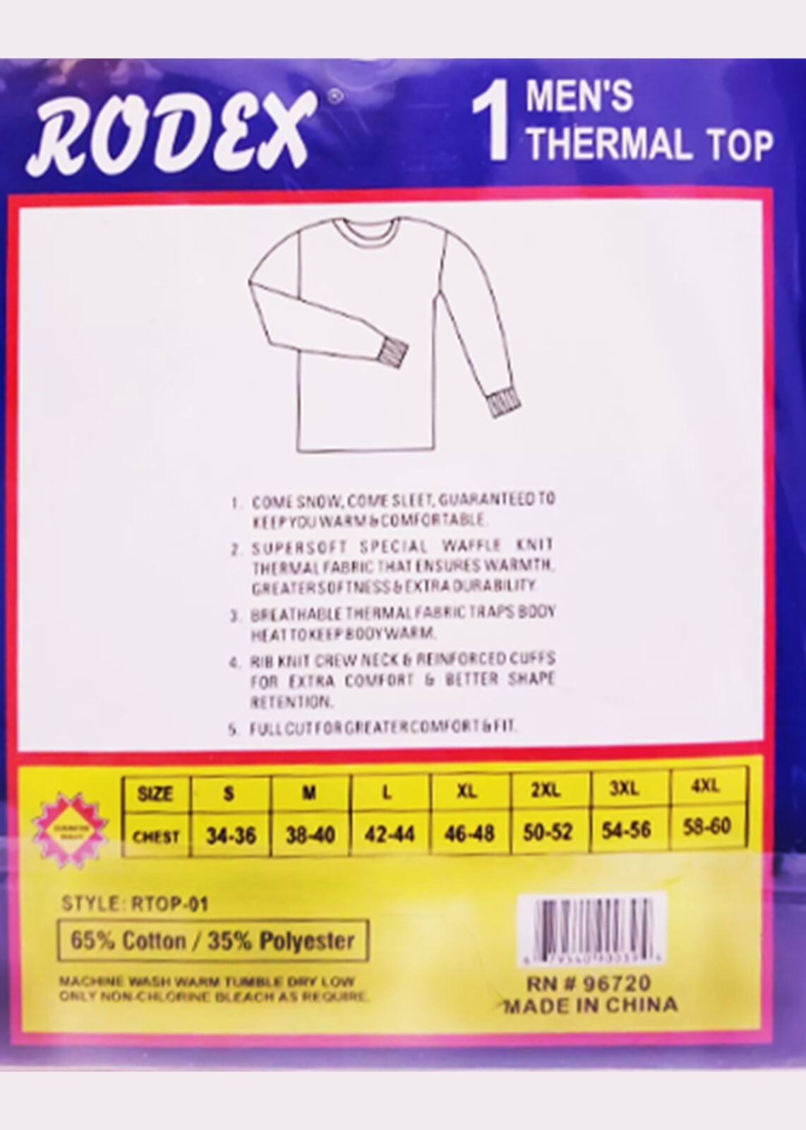 2- Pack RODEX Man’s Thermal Top Size 3XL White / Black 65% Cotton, 35%polyester