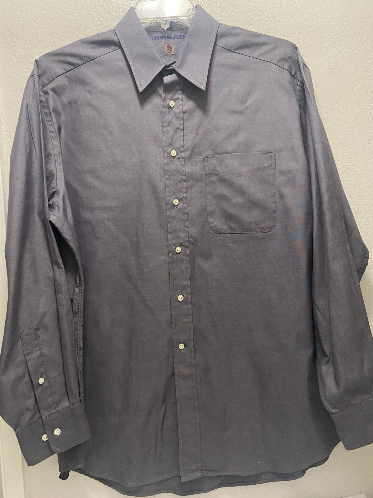 Tommy Hilfiger Classic Fit Gray Solid Cotton Pocket Dress Shirt 16 34/35