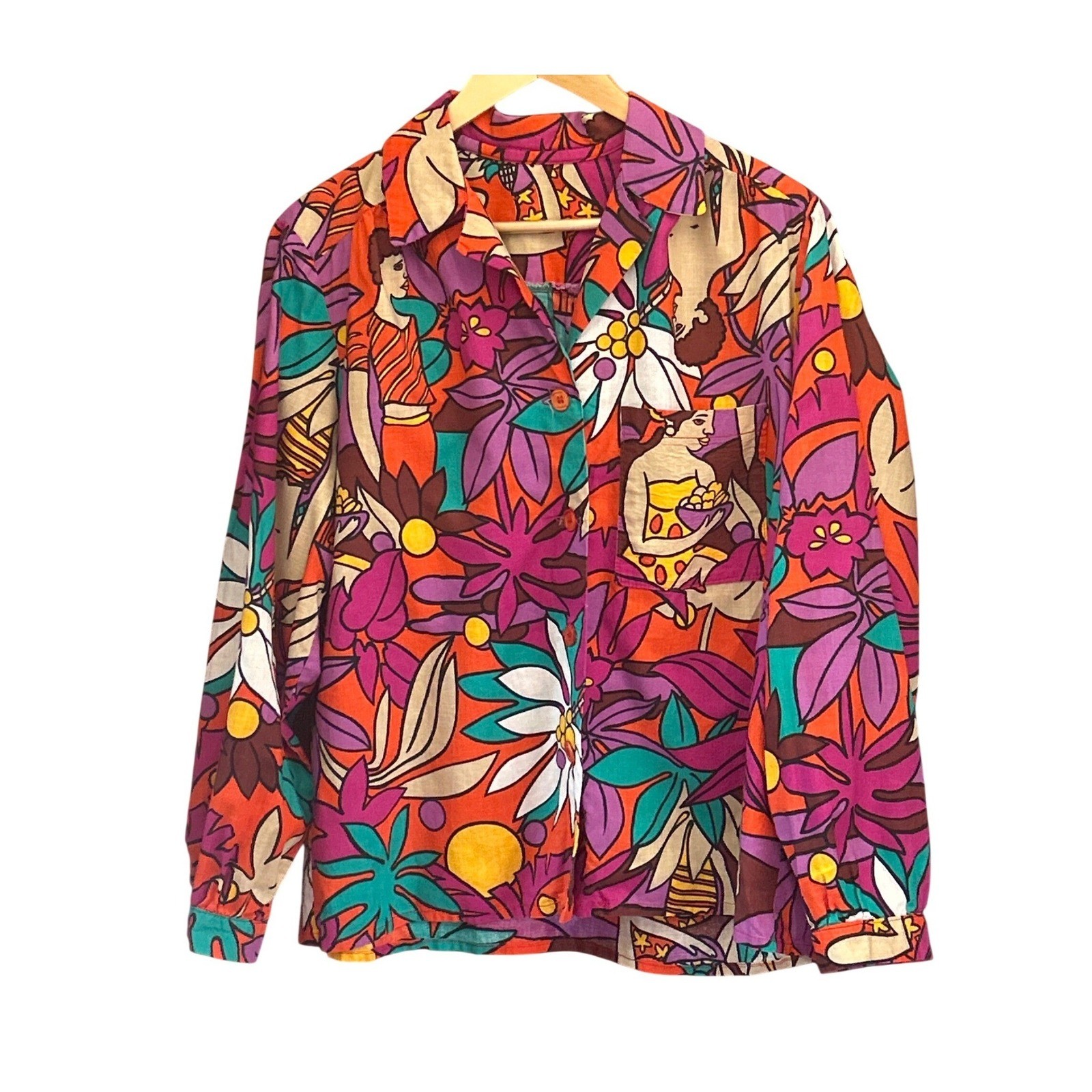 Vintage Psychedelic Mod Novelty Print Blouse Groovy Floral Retro Shirt Tropical