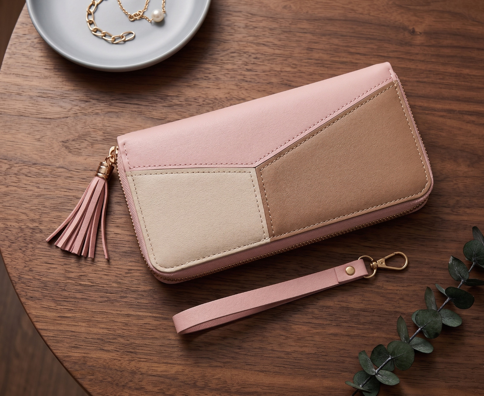 Women’s Zip Around Wallet Color block Clutch Wristlet Purse with Tassel Charm