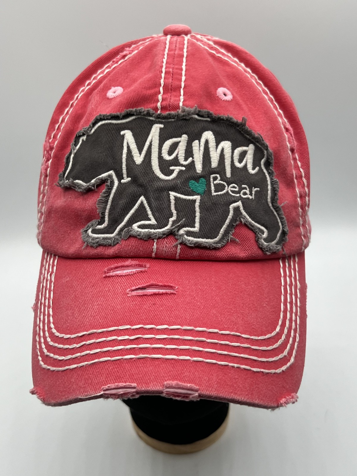 Mama Bear Hat Cap Strap Back Distressed Casual Adjustable KBETHOS Red/Pink