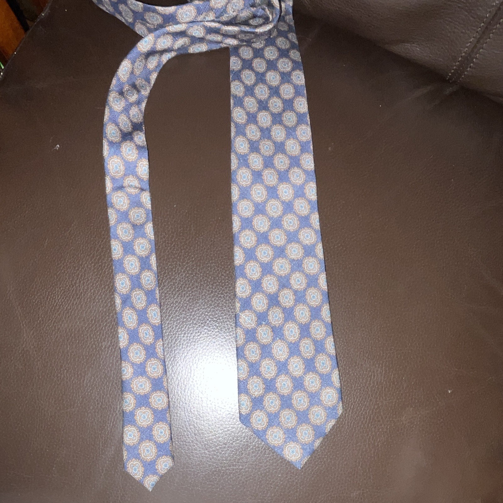 Tasso Elba Silk Wool Woven Men’s Pointed Tie Blue Brown Geometric Pattern