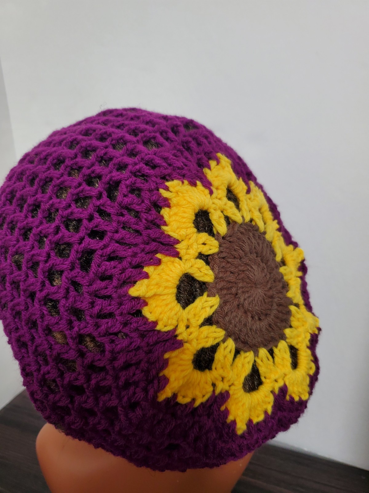 Crochet Flower Tam Slouch Hat With Drawstring Handmade One Size Dreadlock Beanie
