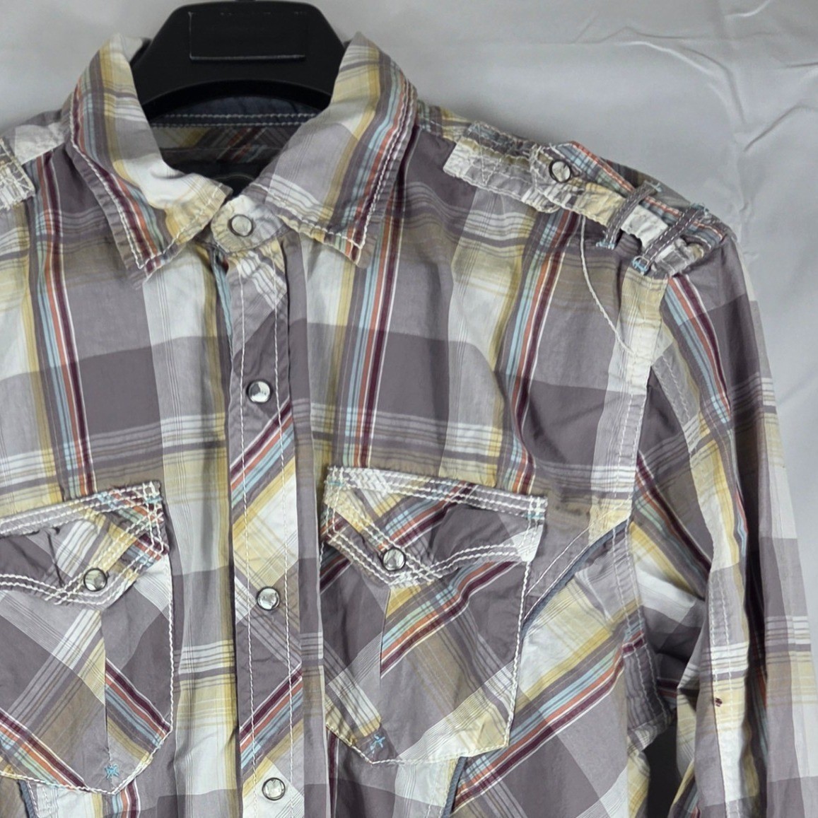 BKE Mens Athletic Fit Plaid Pearl Snap Long Sleeve Western Shirt Grey Large