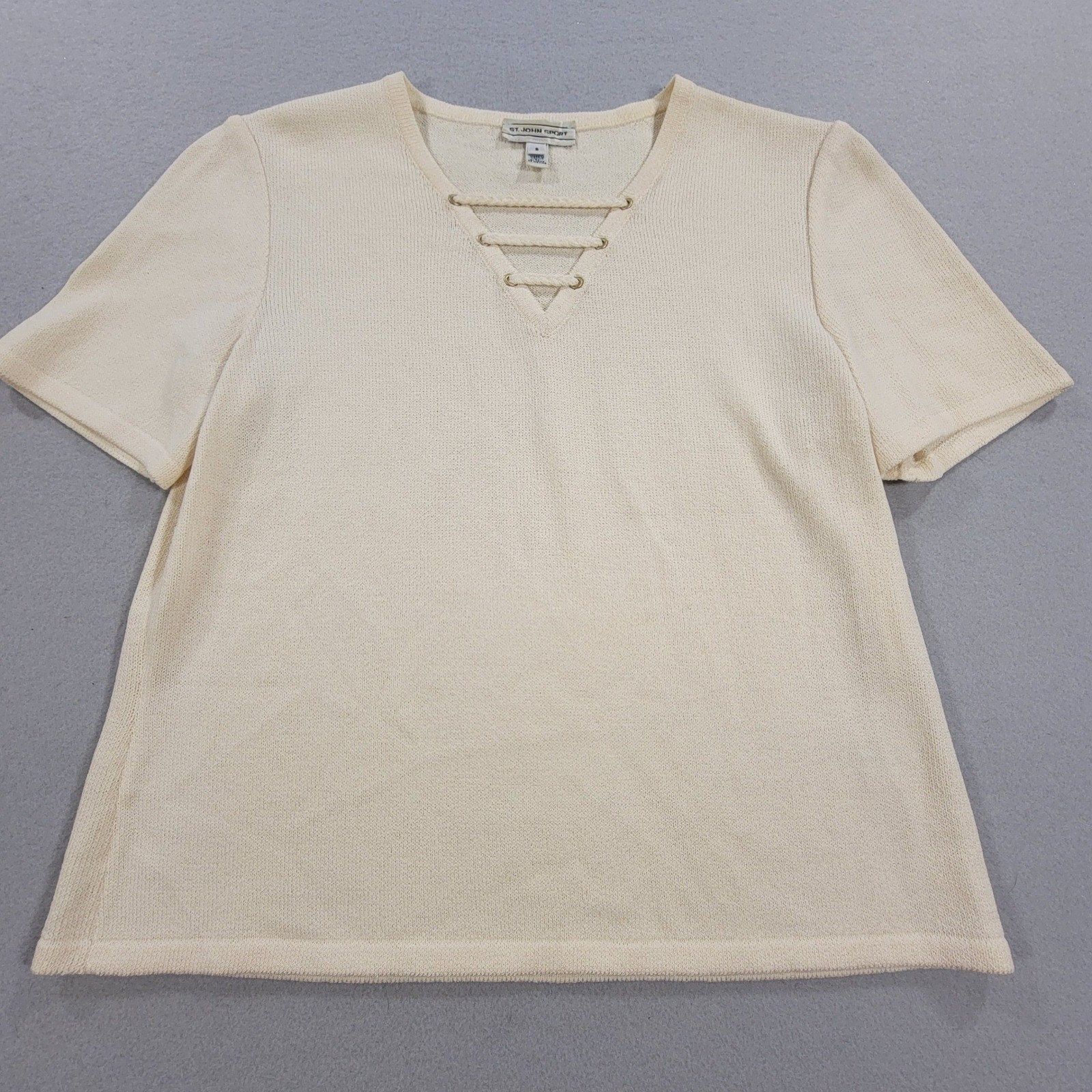 Vintage St. John Sport Knit Sweater Top Cream Lace-Up Short Sleeve Women’s Small