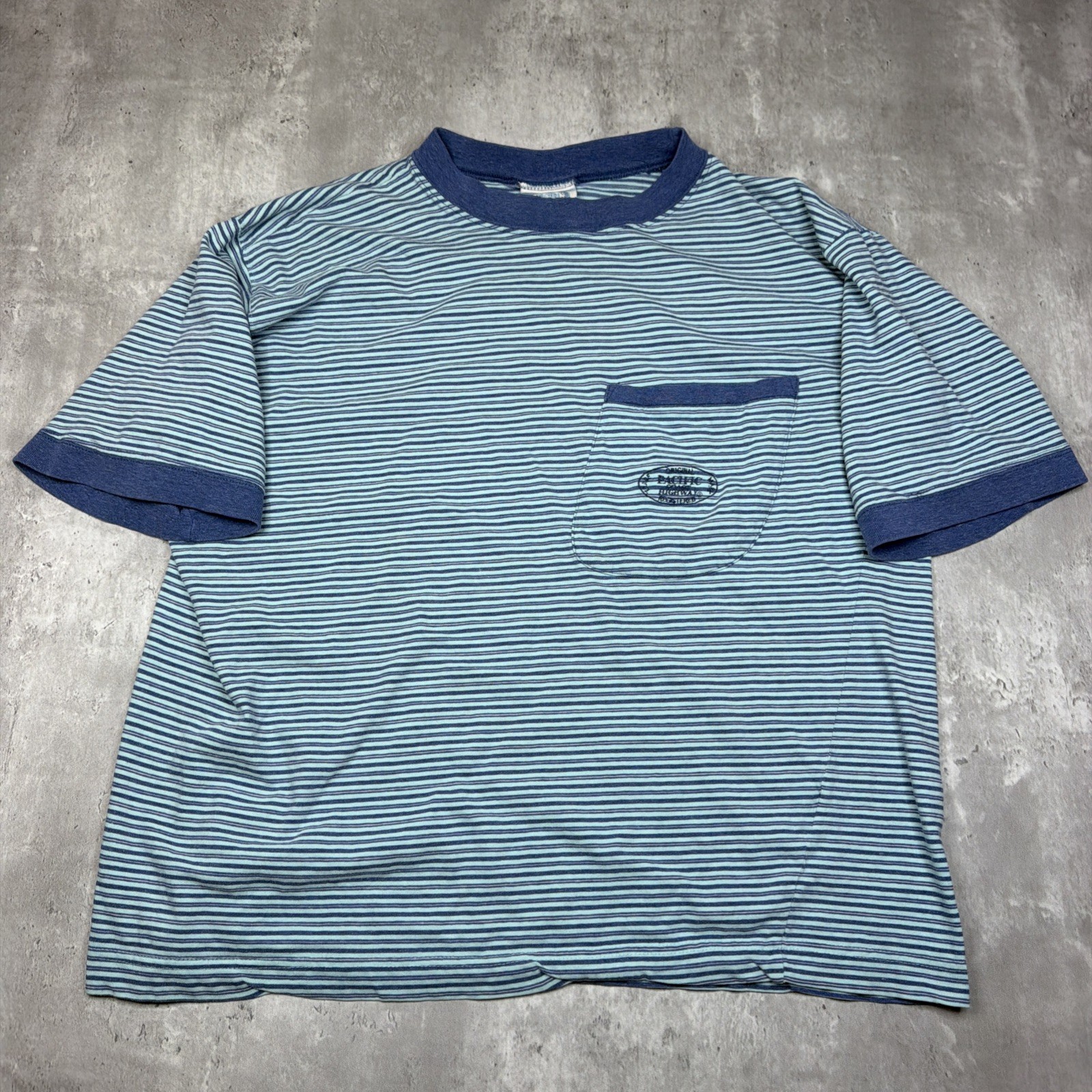 Vintage Pacific Coast Highway Mens Size L 90s Blue Striped Ringer Surf Skate Y2K