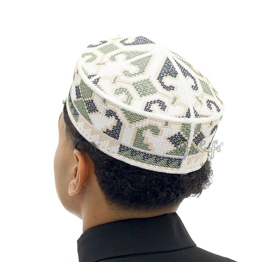 White Army Green Blue Embroidered Orchid Design SemiRigid Islamic Pakistan Kufis