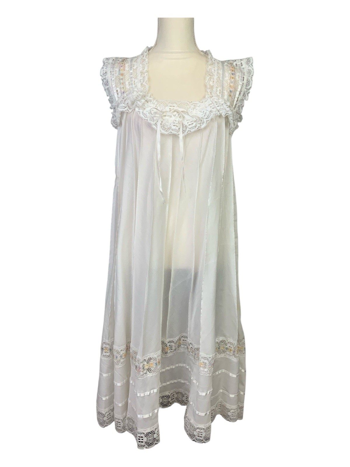 VTG White Prairie Lace Ribbon Ruffle Sheer Cottagecore Midi Dress Romantic
