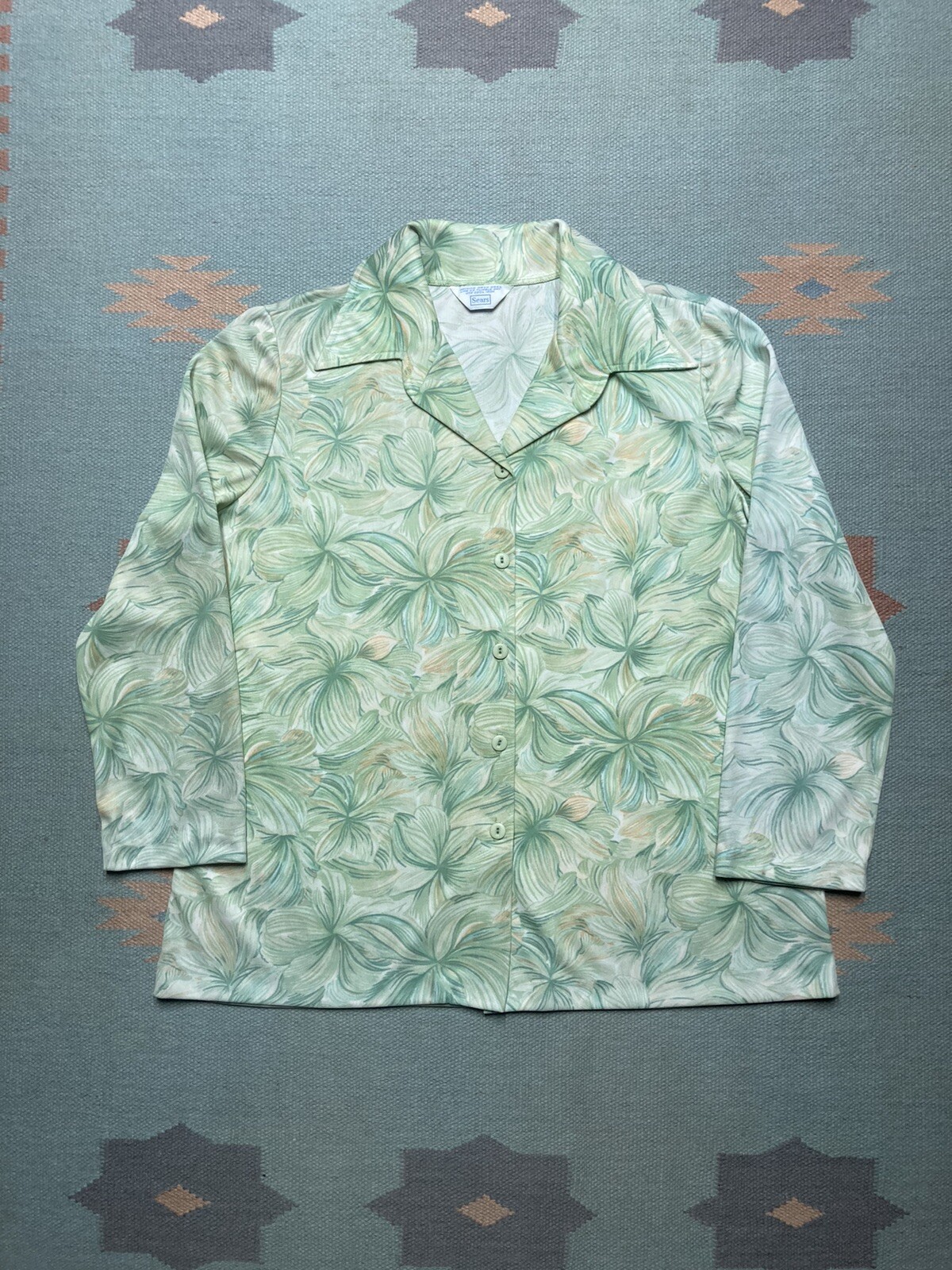 Vintage 70s button shirt blouse sears psychedelic all over print women’s size 20