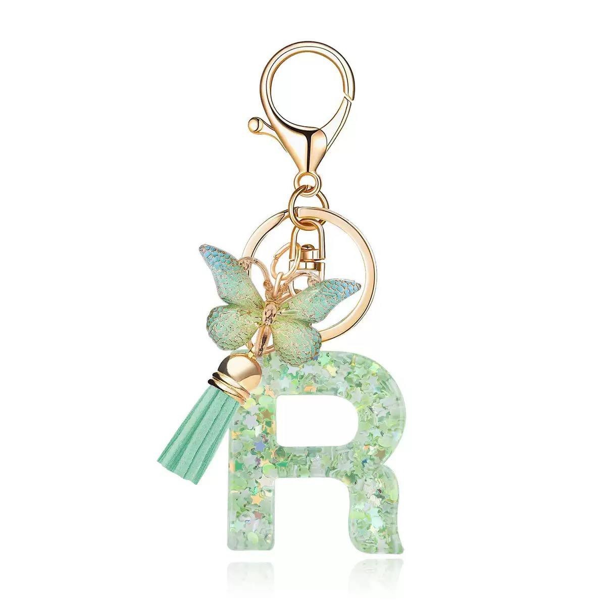 R Letter Green Butterfly Resin Bag Charm Keychain Gift 12cm