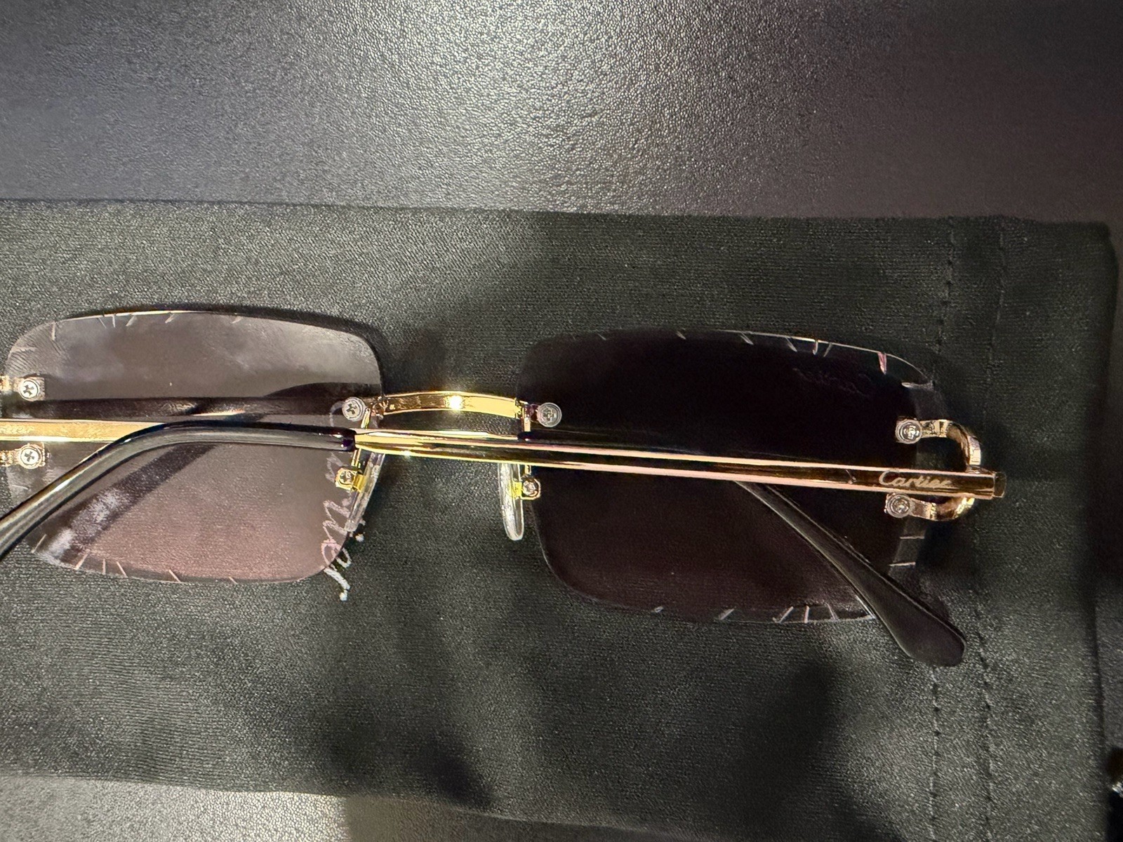 Cartier Rimless Rectangle Sunglasses Gold Metal Frame Brown Tinted UV400