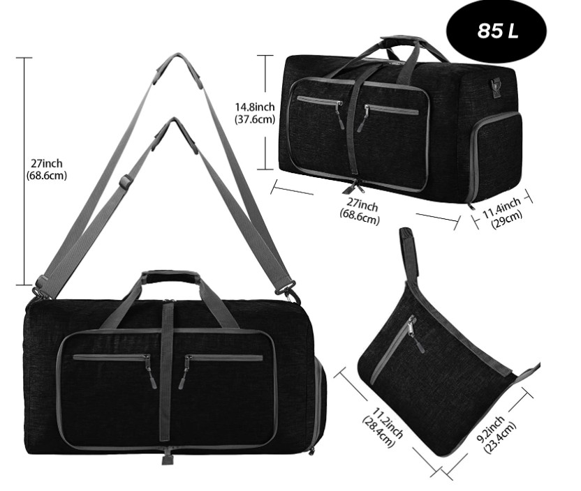 Travel Duffle Bag 85L Black, Foldable, with Shoes Compartment, Best sale
