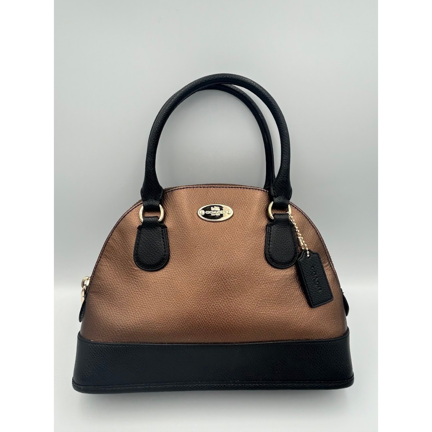 Coach Metallic Bronze Black Leather Dome Satchel Tote Handbag Goldtone Hardware