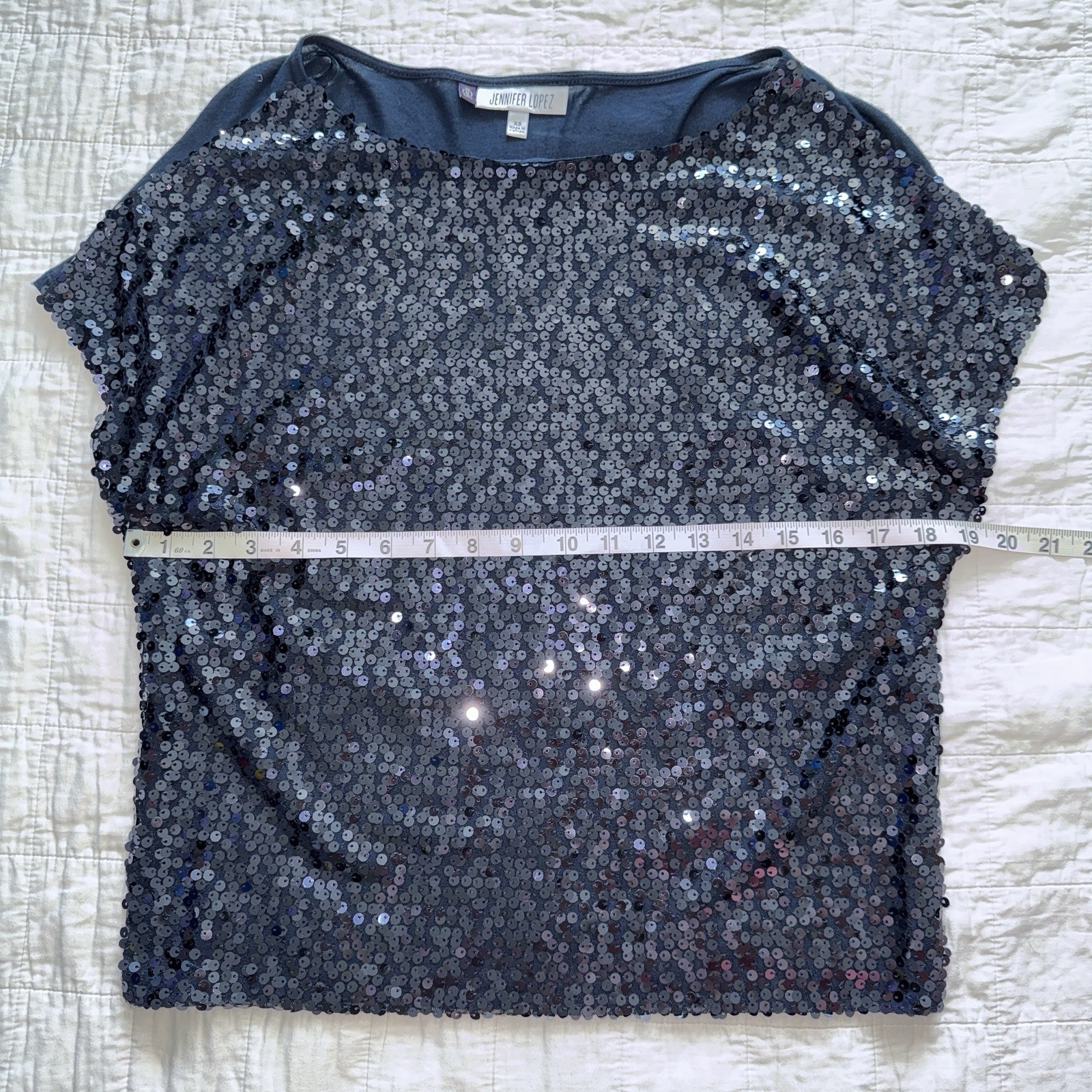 Jennifer Lopez Shirt Women’s Dark Blue Shiny Sequin Short Sleeve Blouse Sz XS