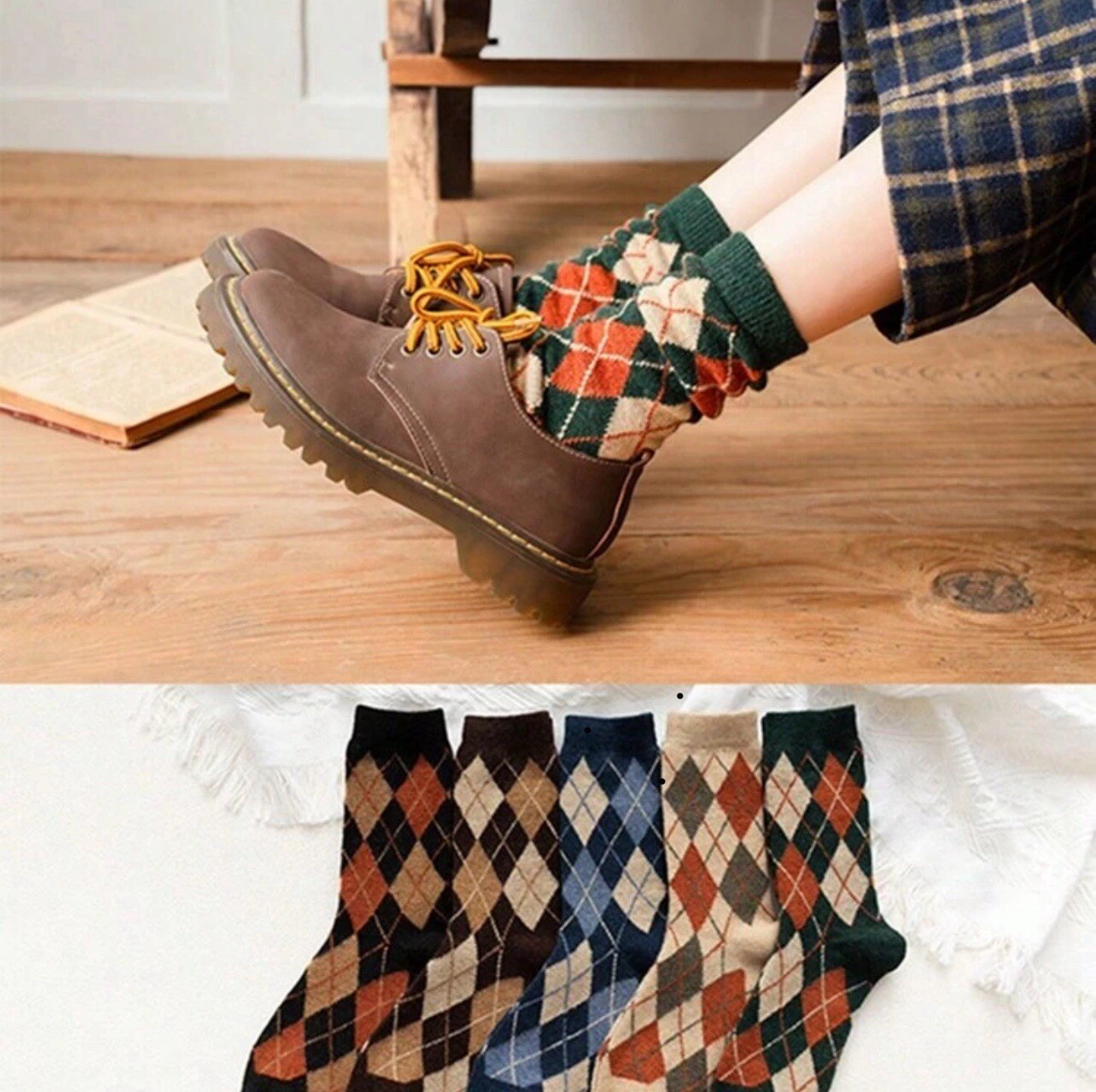 5 Pairs Girls Women Autumn/Winter Diamond Plaid Mid-Calf Retro Collage Socks