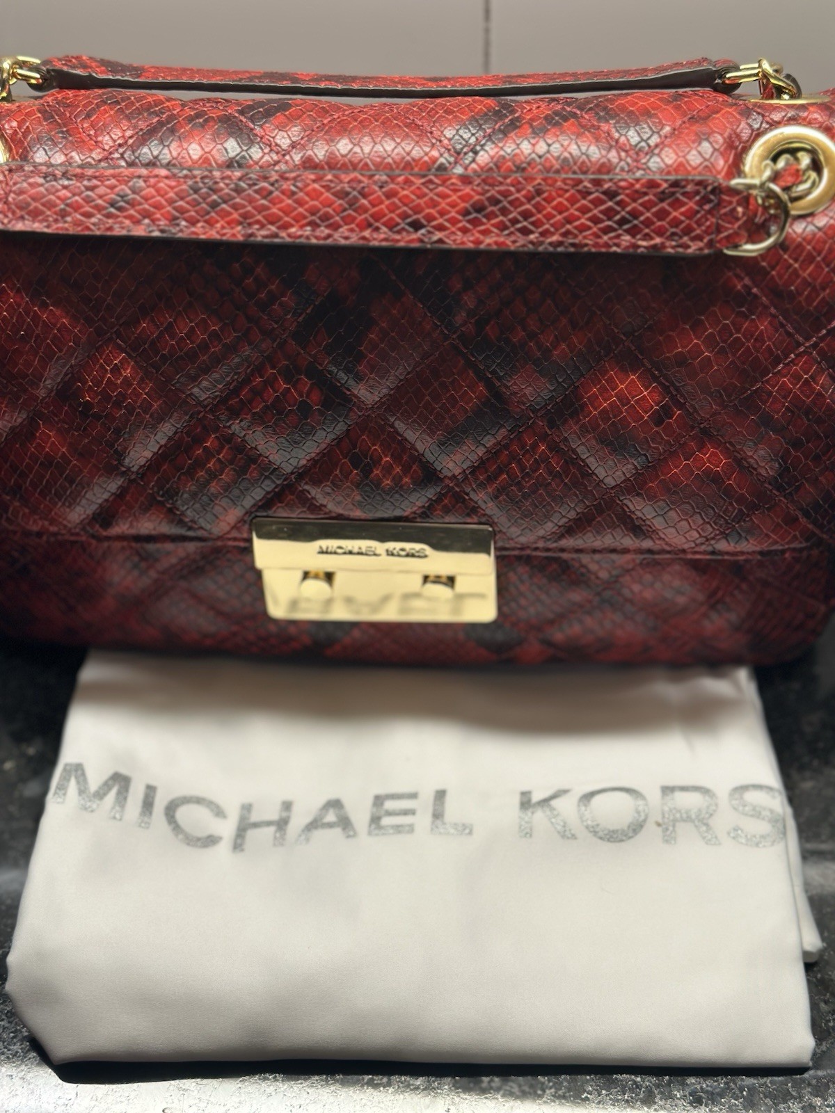 Michael Kors Red/Black Quilted Snake Print Small Flap Shoulder Bag, Chain, Dust