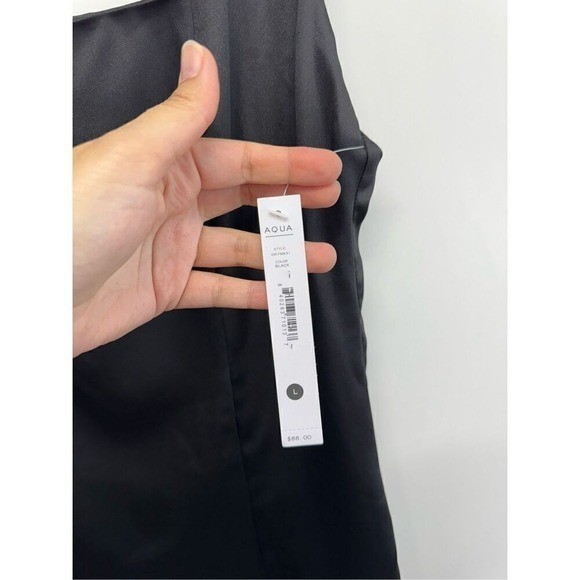 AQUA Mini Satin Dress Size Large Black Square Neck Sleeves Exclusive NEW