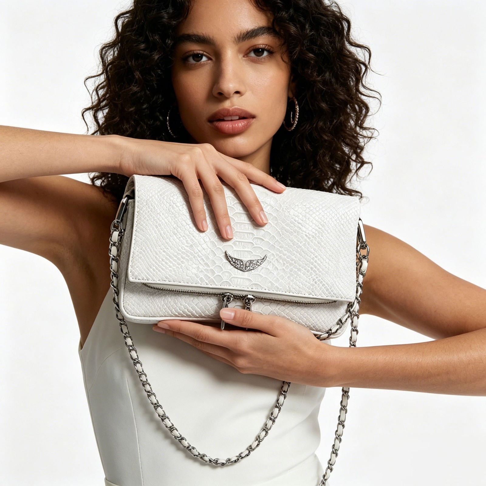 Zadig & Voltaire Rock Wing White Snake Embossed Leather Crossbody Bag 22x15cm