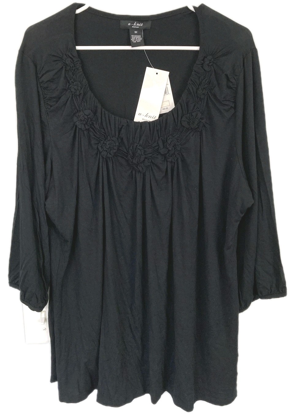 Design History U-knit Top Women 3X Black Scoop Neck Rosette 3/4 Sleeve Tunic NWT