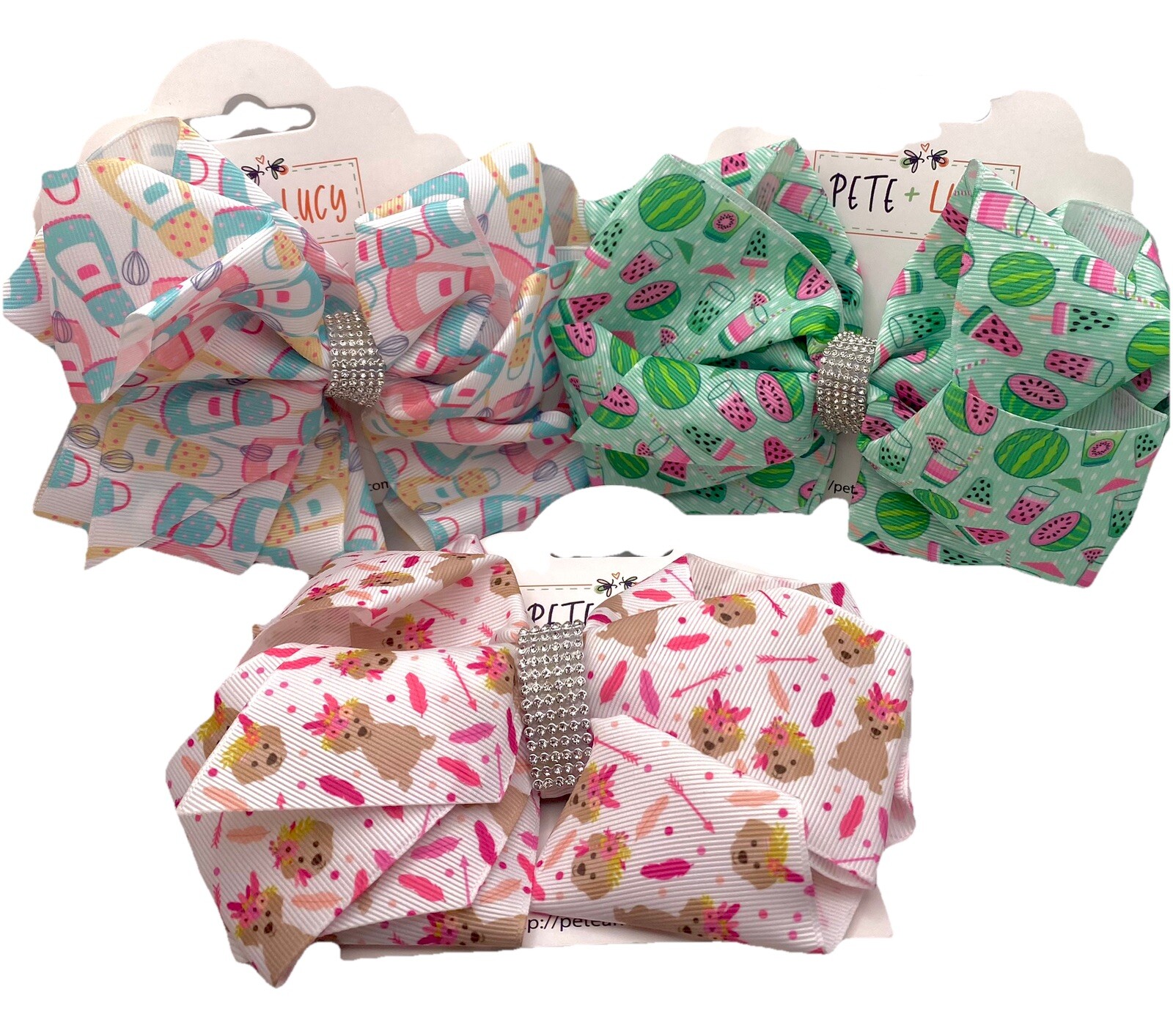 Pete And Lucy Hair Bows With Rhinestones Lot Of 3 Double Bow Barrettes 5×7 Inch