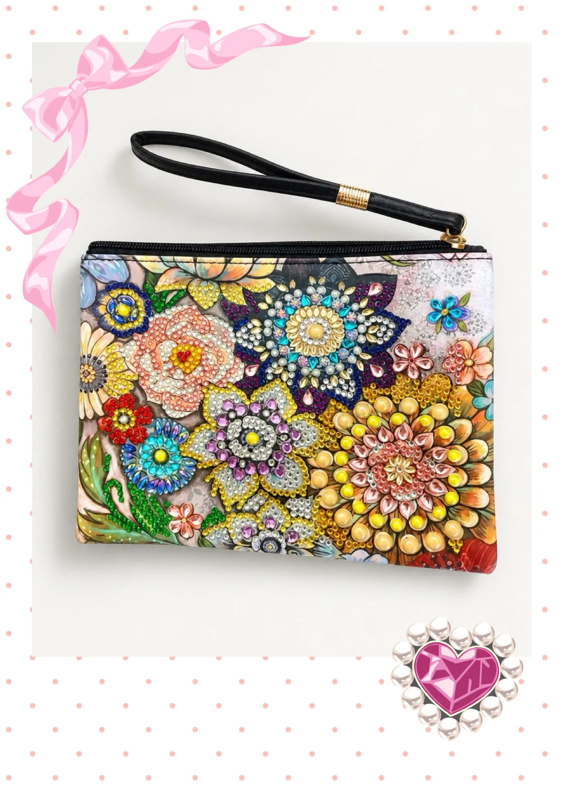 Diamond Art Rhinestone Vinyl Zippered Clutch