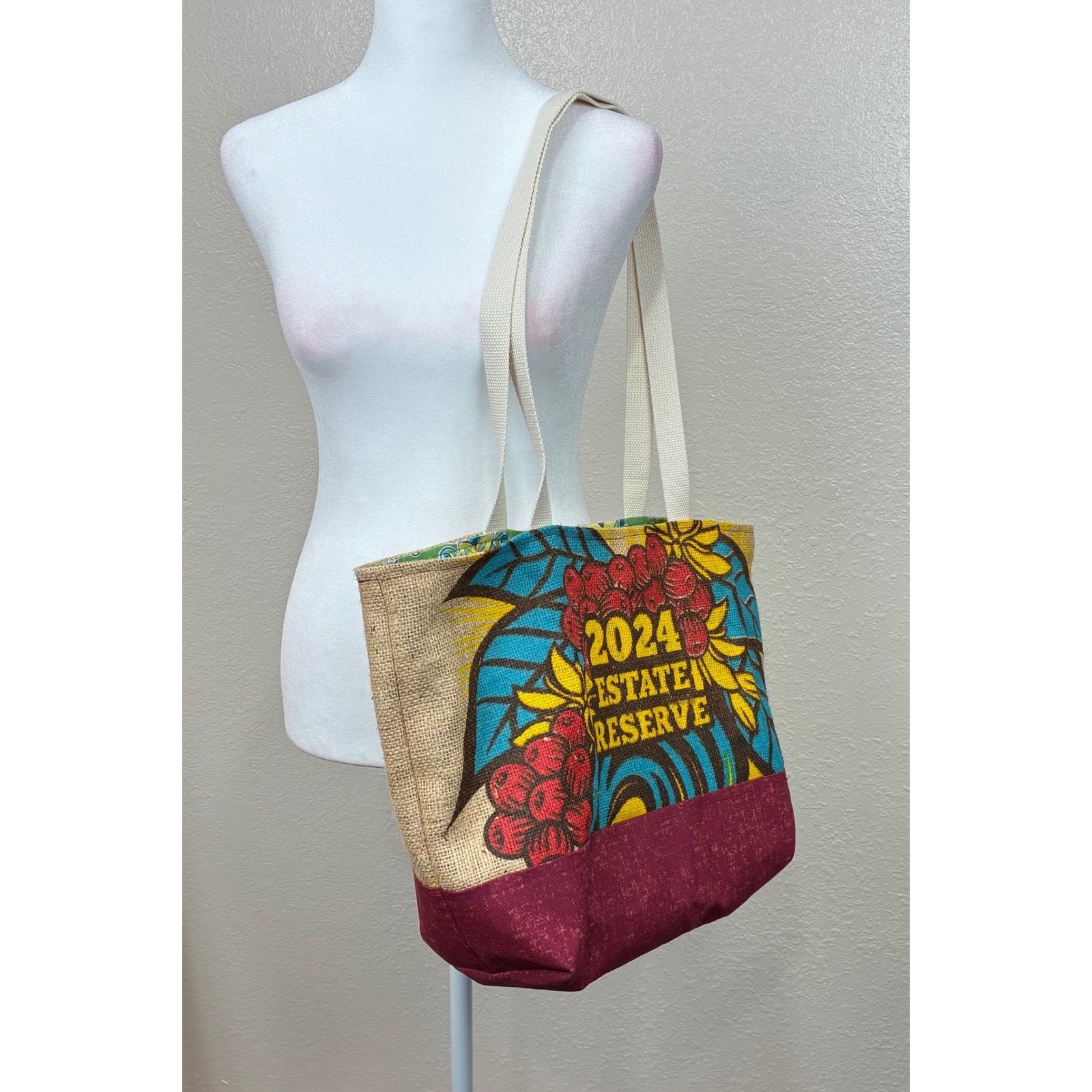 Handmade 2024 Estate Reserve Burlap Coffee Sack Tote Bag Tropical Floral Lined