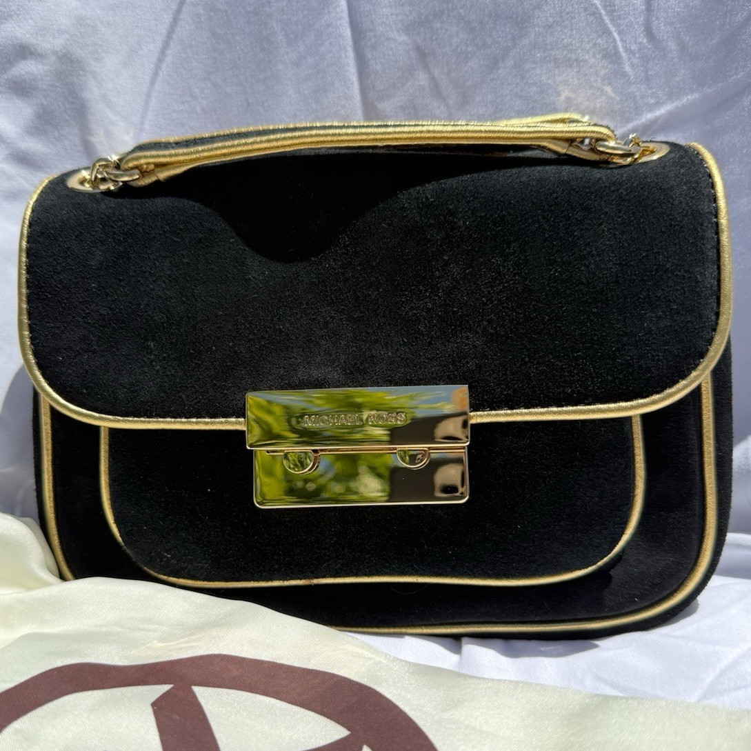 MICHAEL KORS Sloan Black/Gold Suede Shoulder Bag Gold trim w/Dust Bag
