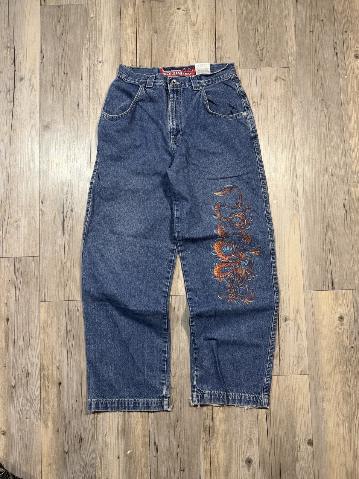 JNCO Men’s Blue Medium Wash Wide-Leg Denim Jeans Relaxed Fit Dragon Print