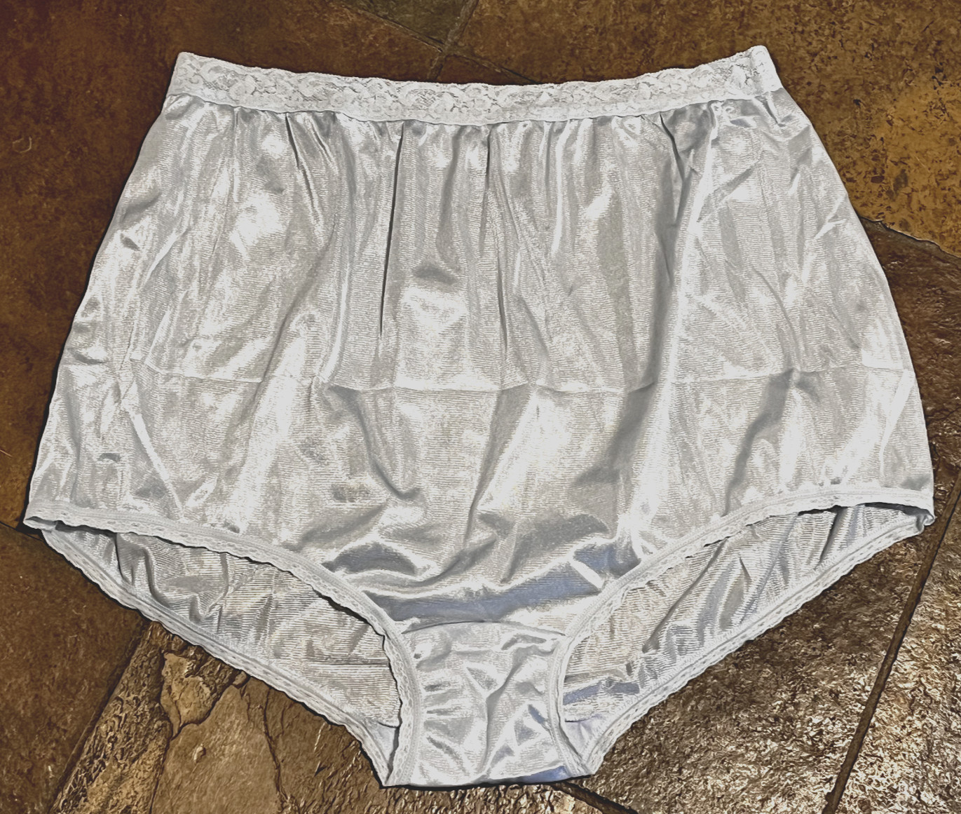 NATIONAL 13/6XL Baby Blue SATIN Lace Waist Nylon Full Brief Panties NWOT