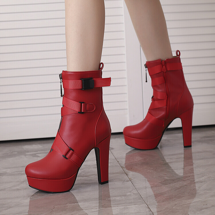Womens Platform Faux Leather Ankle Boot Round Toe Side Zip Chunky Heels Oversize
