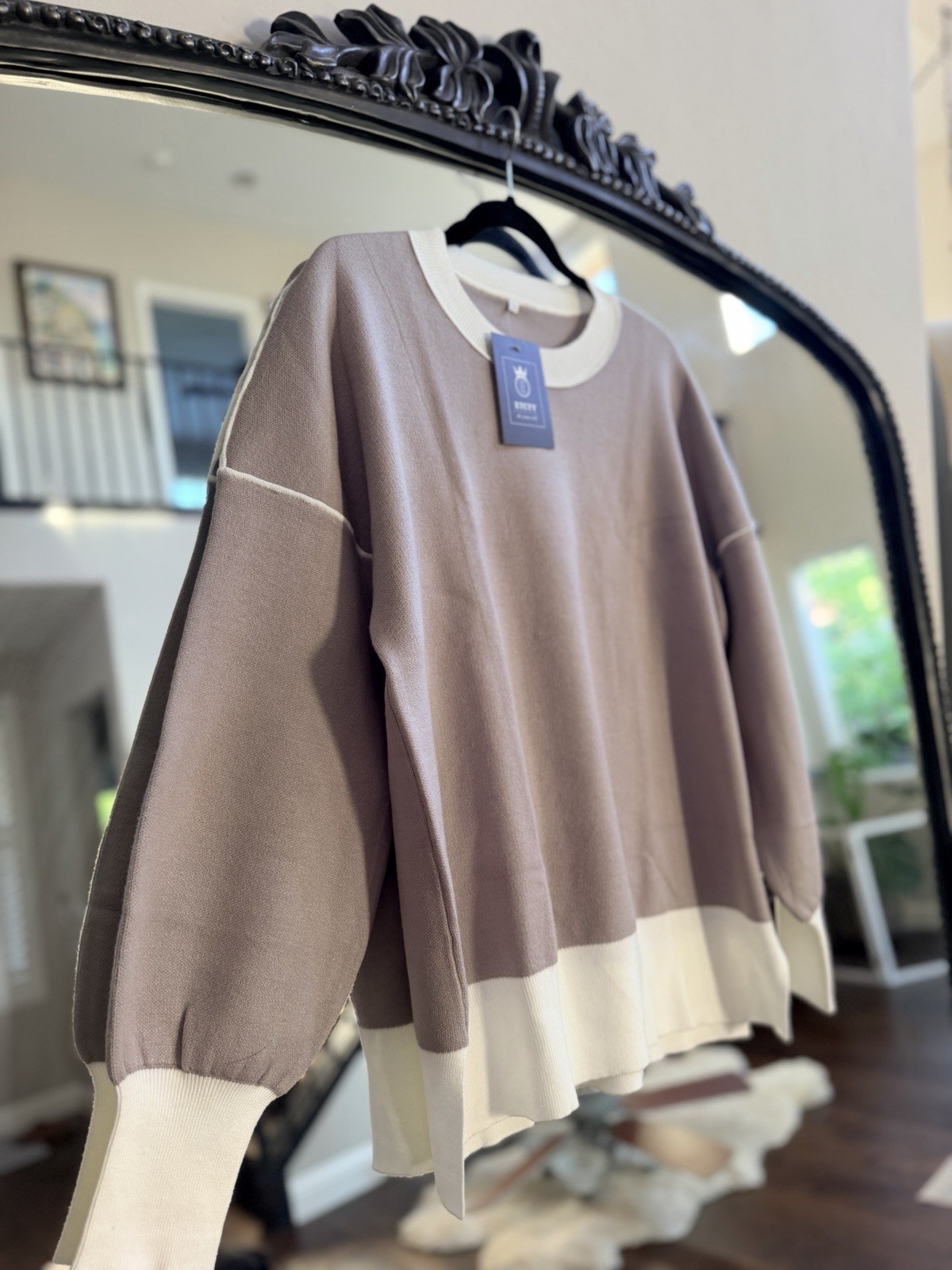 NEW Womens Oversized Colorblock Knit Sweater Crewneck Top Taupe L NWT Batwing