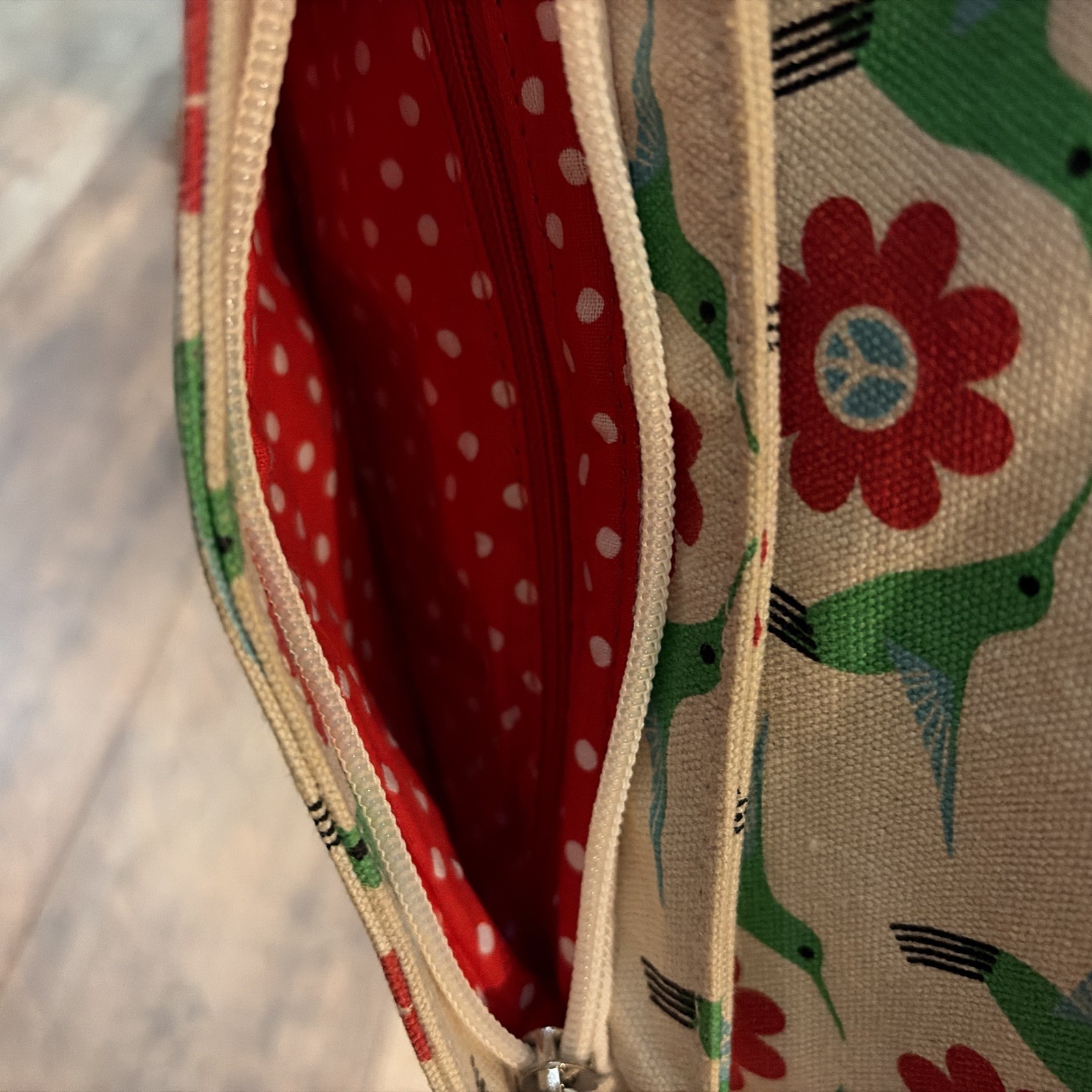 Bungalow 360 Green Hummingbird & Red Flower Print Peace Wristlet Bag Purse