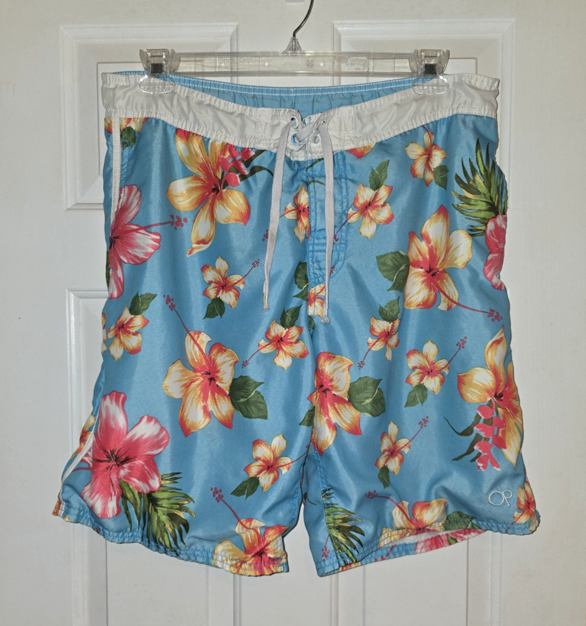OP Ocean Pacific Mens Swim Trunks M 32-34 Blue Tropical Floral Coastal Resort