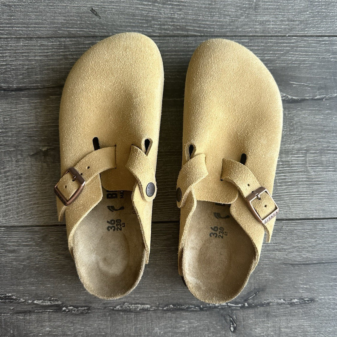 Birkenstock Boston Suede Clog Cork Footbed Buckle Strap Beige EU 36