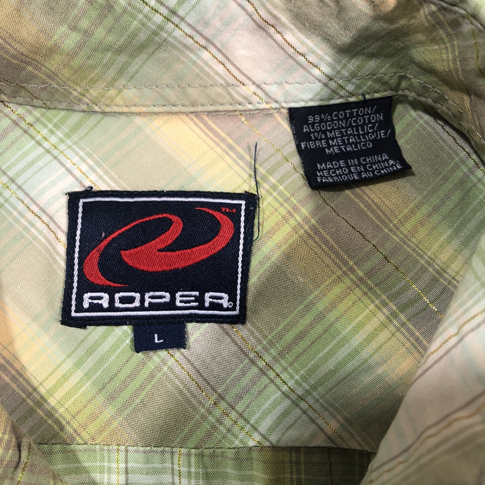 Roper Shirt Mens Large Green Plaid Pearl Snap Western Distressed Fringe Metallic