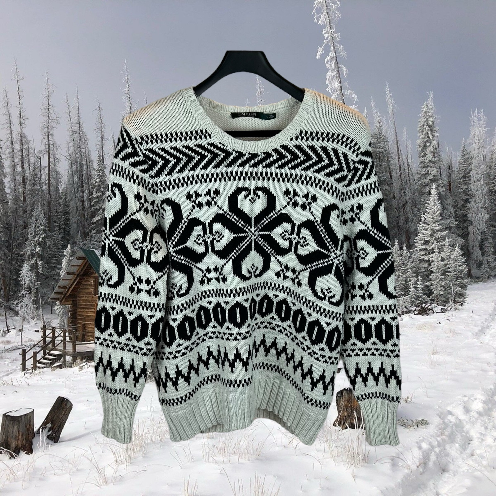 Ralph Lauren Sweater Jumper Fair Isle Knit White Black Large