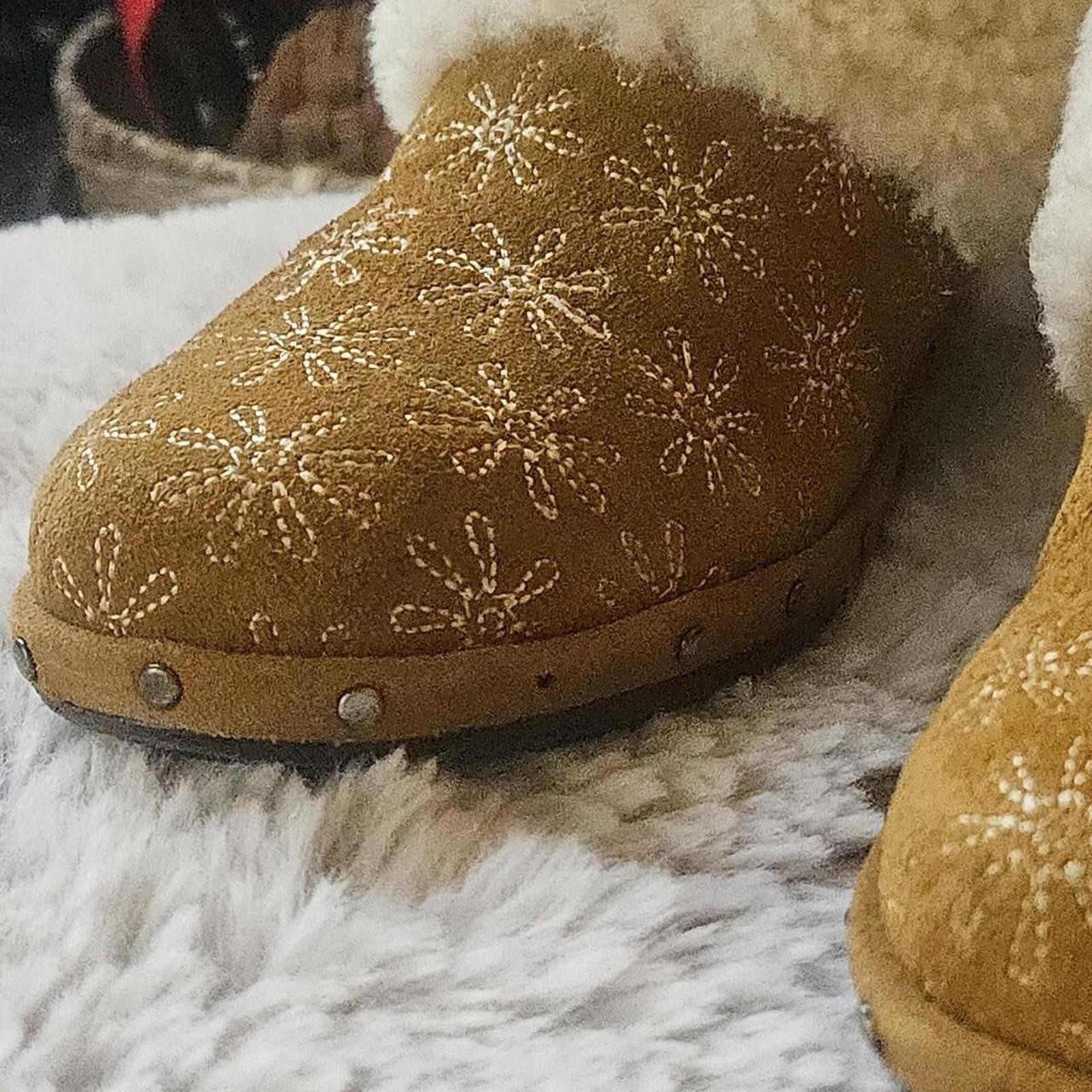 Tan Suede Clogs, Sheepskin Shearling, Embroidered flowers