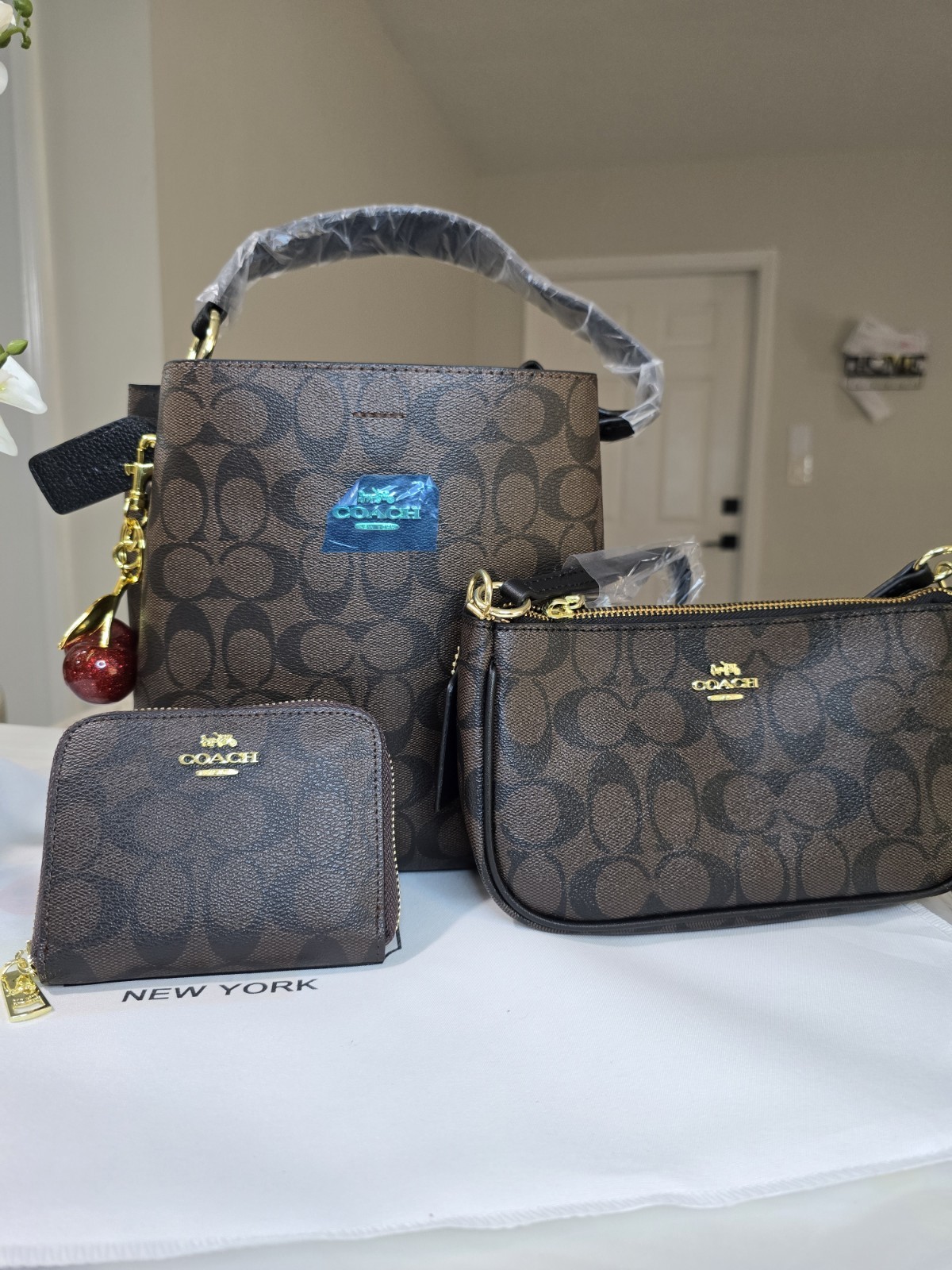 Bag Brown 3-Piece Top Handle Bag Set w/ Pouch, Coin Purse