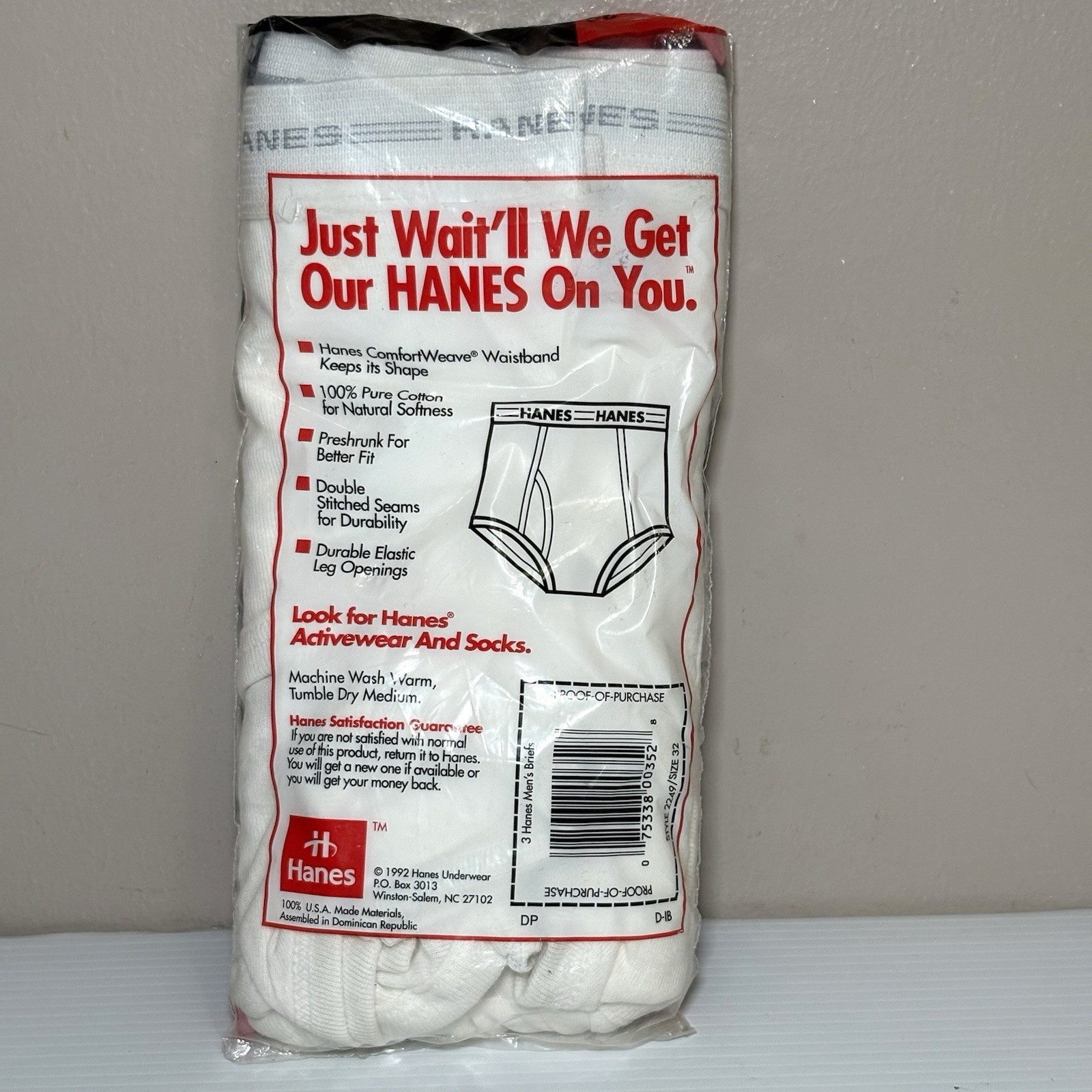 Vintage NOS 1992 Hanes Pre-Shrunk 100% Cotton Briefs Pack Of 3 Sz 32 BRAND NEW