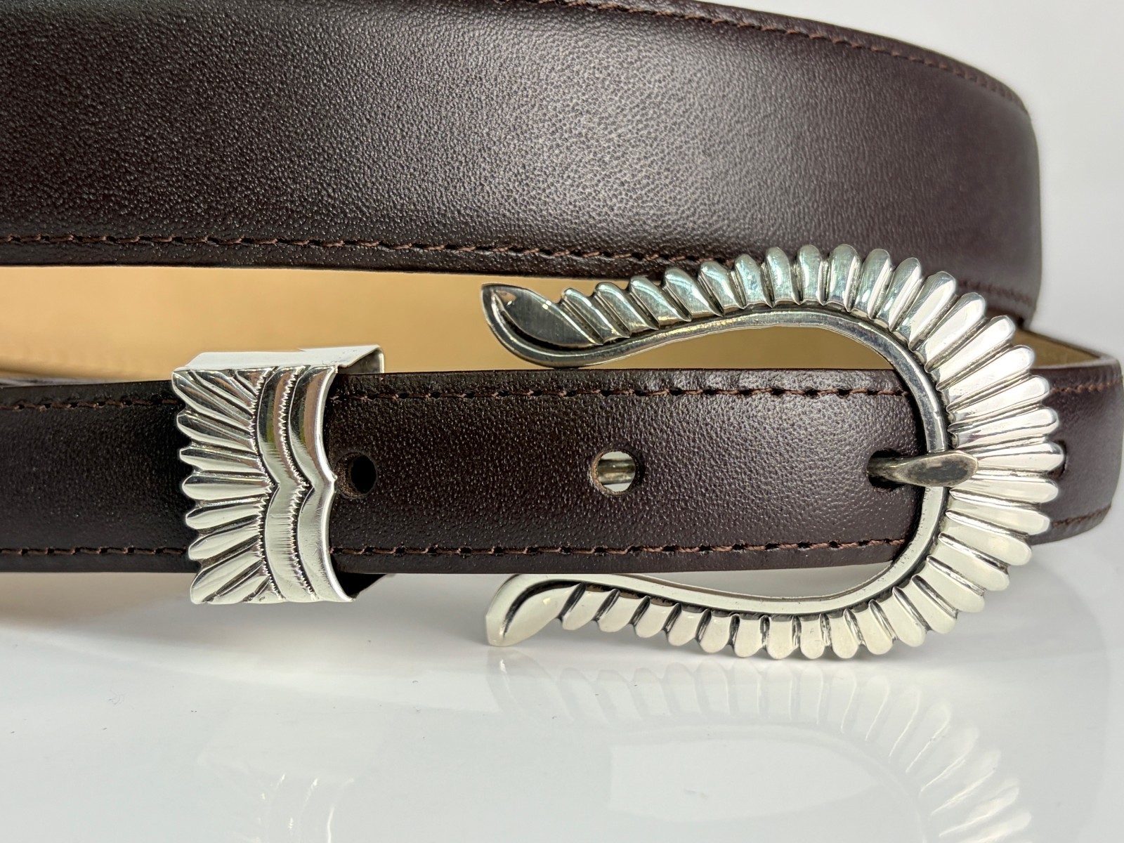 Jim Yazzie Sterling Silver .925 Headdress Ranger Belt Buckle 40 Genuine Leather