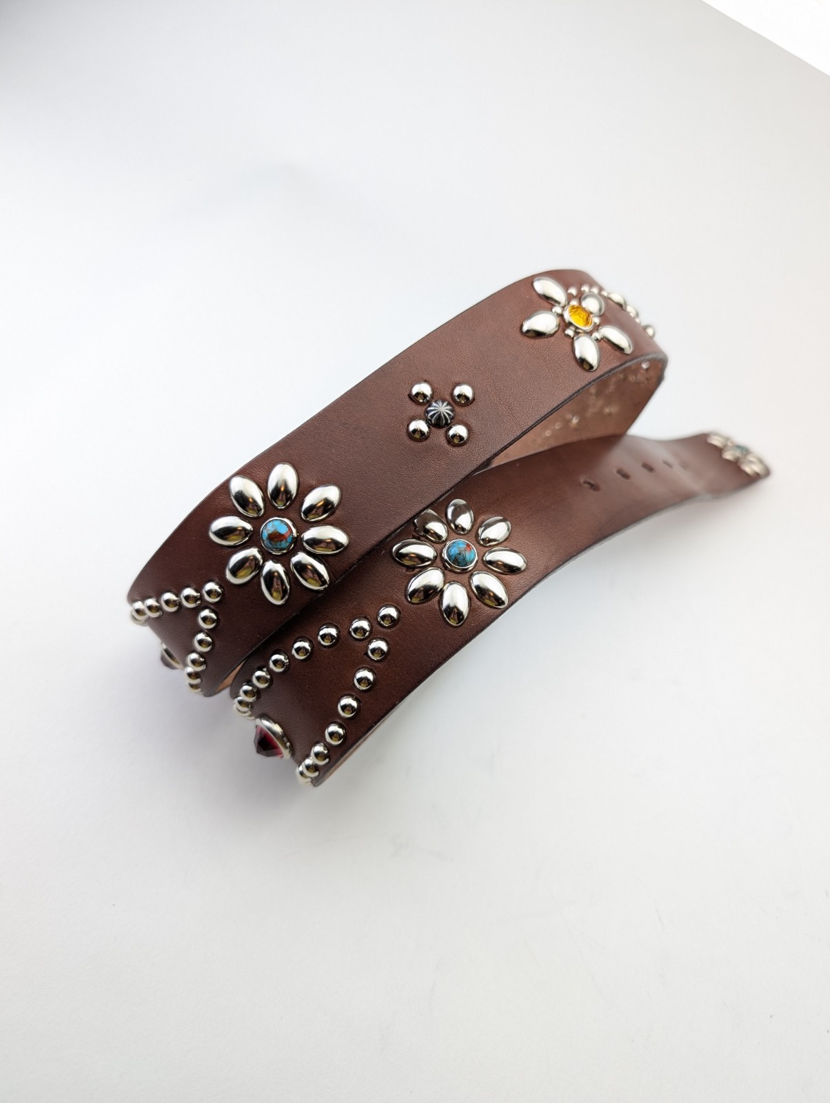 Handmade Dark Brown Leather Studded Biker Belt Vintage Western Style Japan